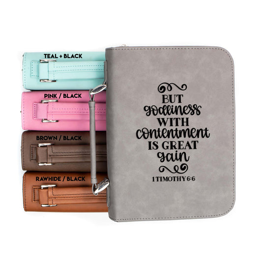 Godliness with Contentment 1 Timothy 6-6 Bible Cover | Faux Leather With Handle + Pockets