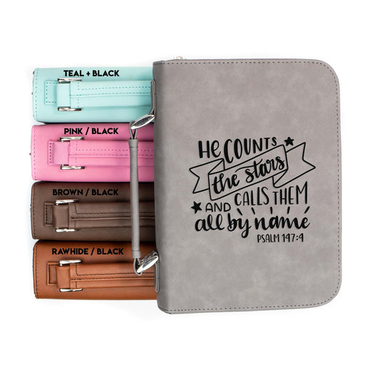 He Counts the Stars Psalm 147-4 Bible Cover | Faux Leather With Handle + Pockets