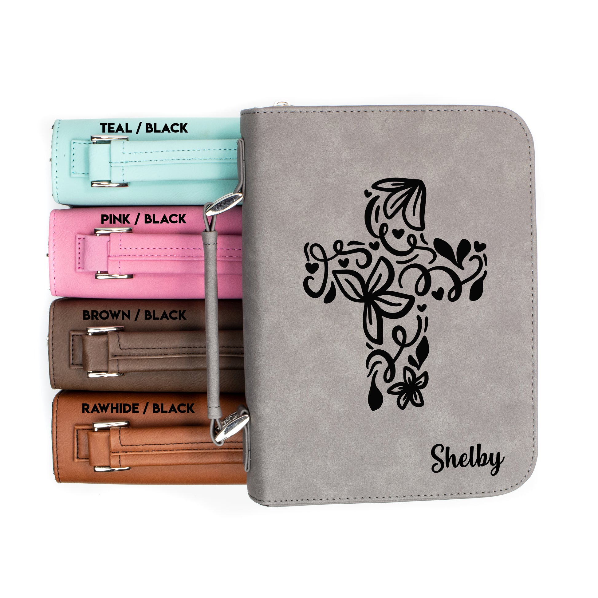 Personalized Flourish Cross Bible Cover | Faux Leather With Handle + Pockets